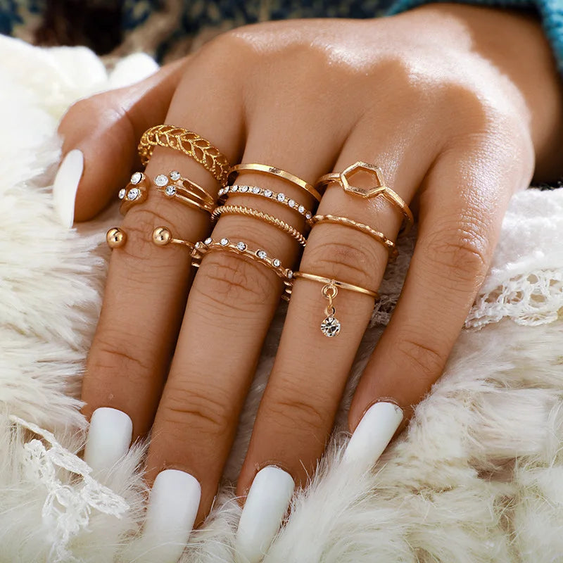 Bohemian Wave & Flower Ring Set – Vintage Pearl Butterfly Geometric Knuckle Rings for Women