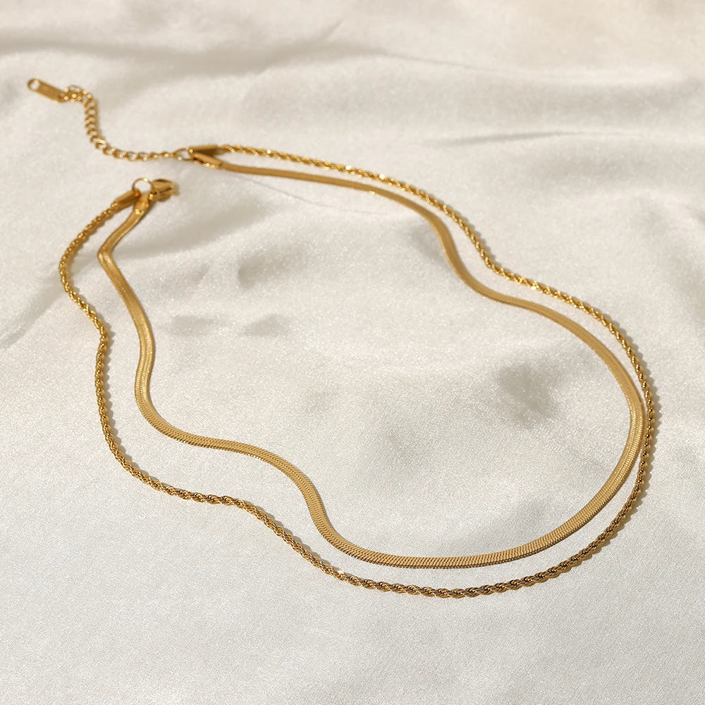 Gold Plated Flat Snake Chain Layer Necklace – Stainless Steel Trendy Rope Chain for Women