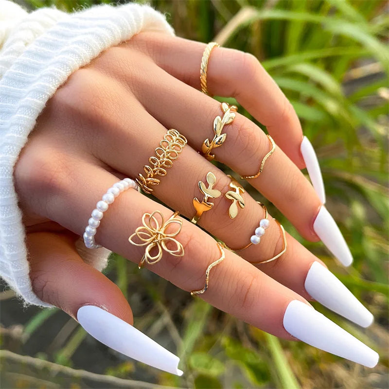 Bohemian Wave & Flower Ring Set – Vintage Pearl Butterfly Geometric Knuckle Rings for Women