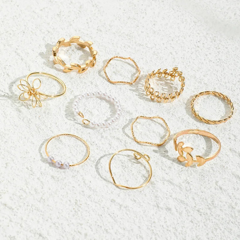 Bohemian Wave & Flower Ring Set – Vintage Pearl Butterfly Geometric Knuckle Rings for Women