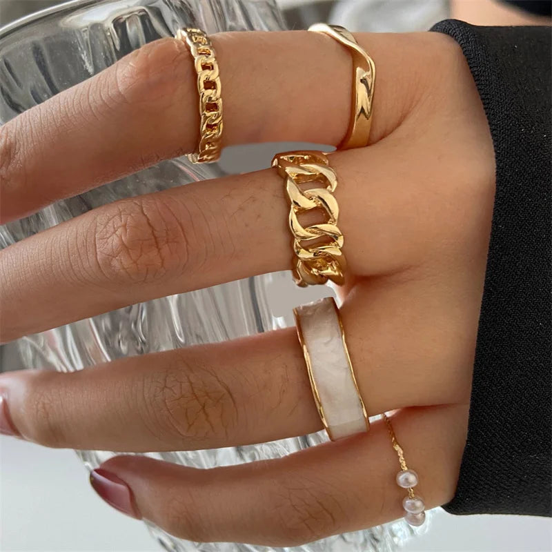 Bohemian Wave & Flower Ring Set – Vintage Pearl Butterfly Geometric Knuckle Rings for Women