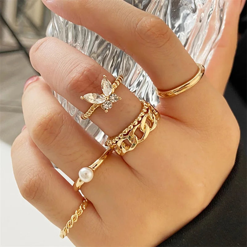 Bohemian Wave & Flower Ring Set – Vintage Pearl Butterfly Geometric Knuckle Rings for Women