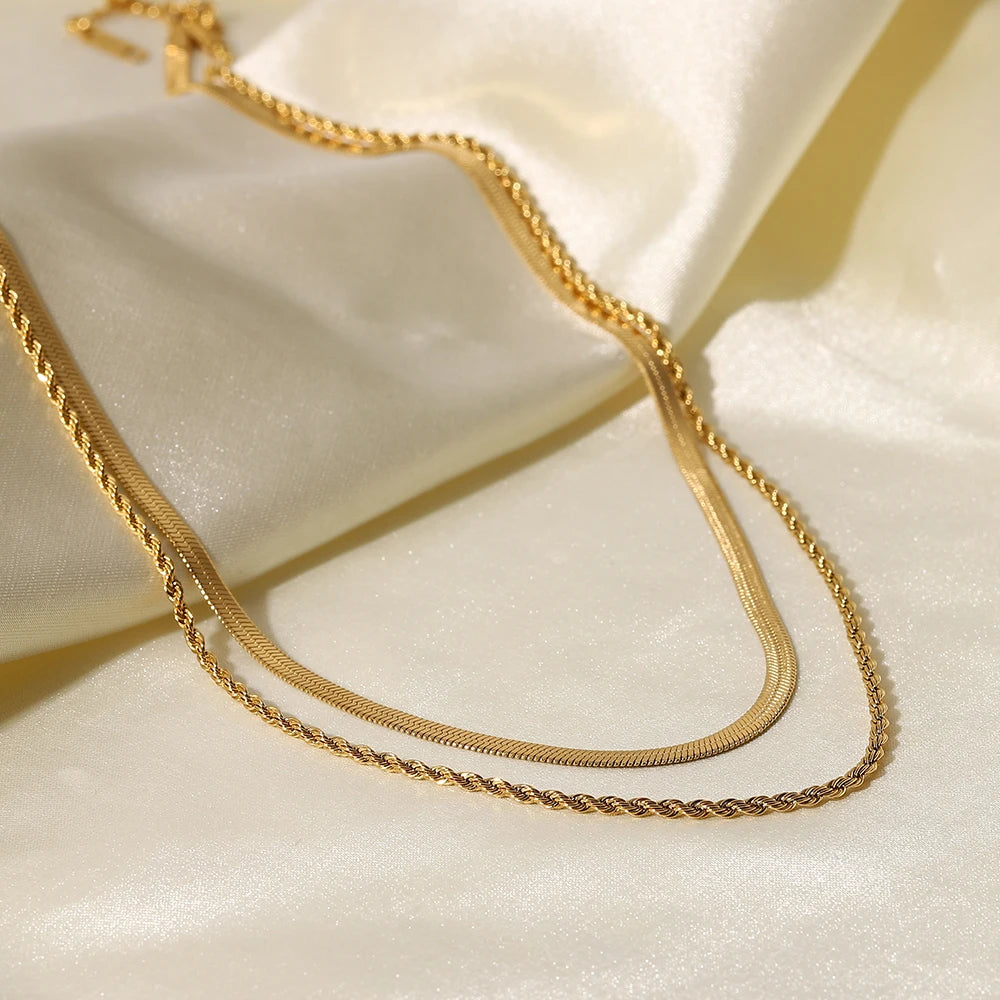Gold Plated Flat Snake Chain Layer Necklace – Stainless Steel Trendy Rope Chain for Women