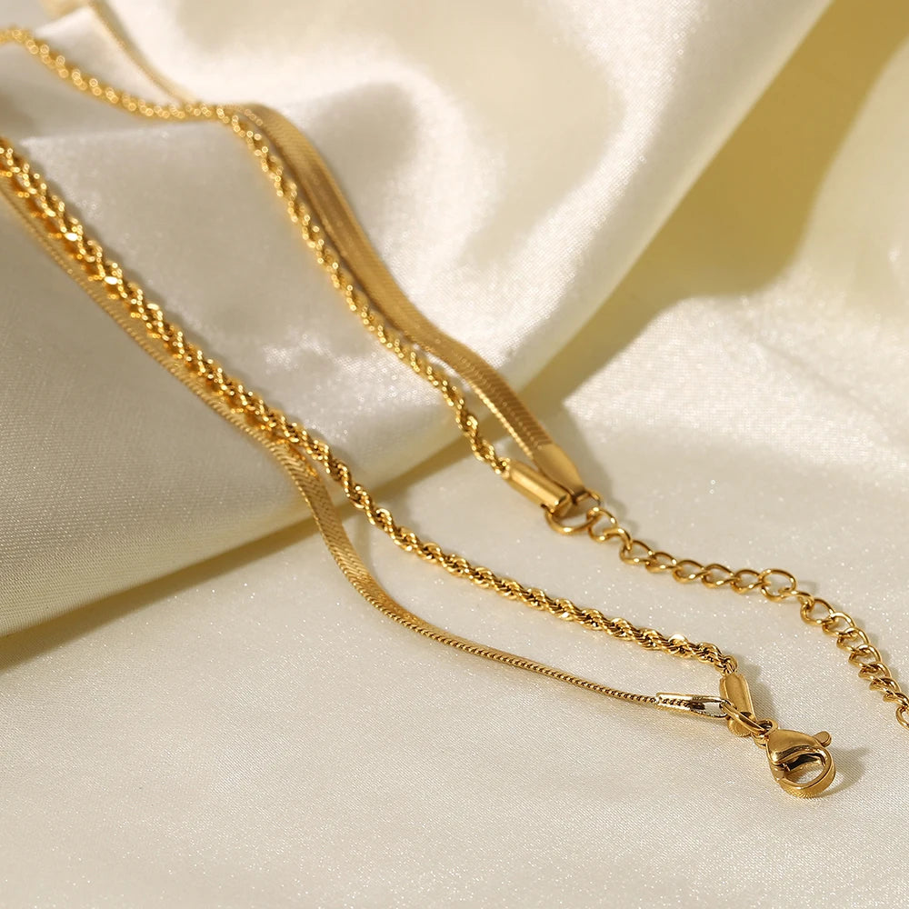 Gold Plated Flat Snake Chain Layer Necklace – Stainless Steel Trendy Rope Chain for Women