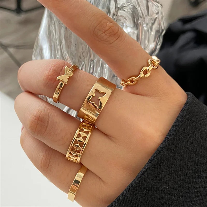 Bohemian Wave & Flower Ring Set – Vintage Pearl Butterfly Geometric Knuckle Rings for Women
