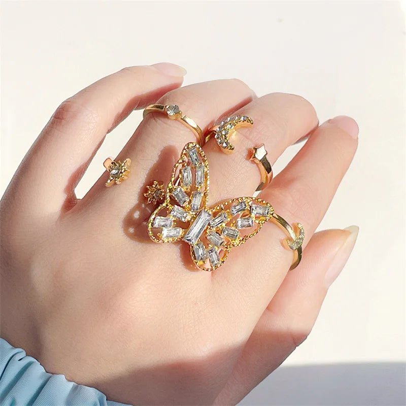 Bohemian Wave & Flower Ring Set – Vintage Pearl Butterfly Geometric Knuckle Rings for Women