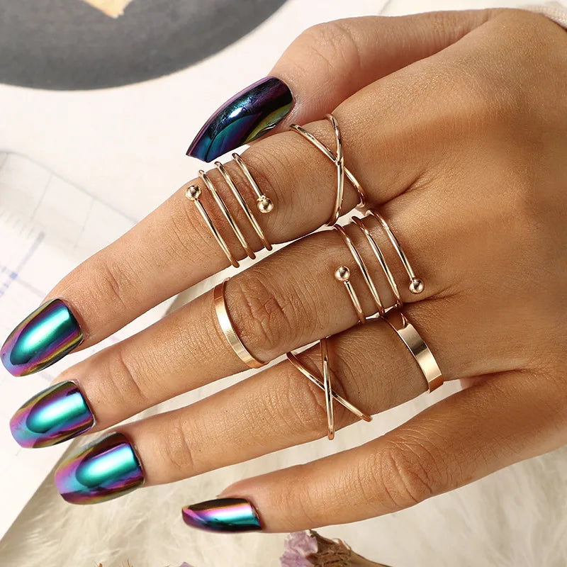 Bohemian Wave & Flower Ring Set – Vintage Pearl Butterfly Geometric Knuckle Rings for Women