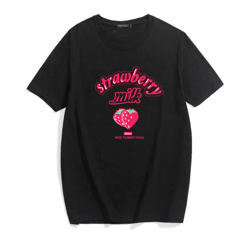 Strawberry Milk Pink Graphic T-Shirt – Kawaii Sweet Girl Summer Casual Top