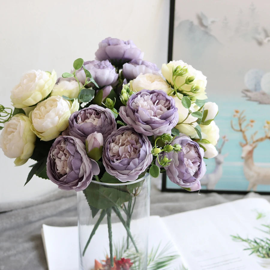 Artificial Peony Bouquet with Silk Roses – Decorative Faux Flowers for Home, Garden, and Wedding Decor