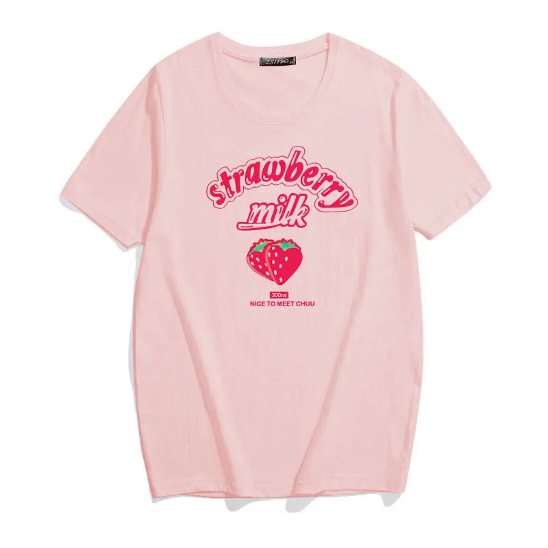 Strawberry Milk Pink Graphic T-Shirt – Kawaii Sweet Girl Summer Casual Top