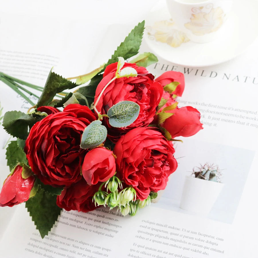 Artificial Peony Bouquet with Silk Roses – Decorative Faux Flowers for Home, Garden, and Wedding Decor