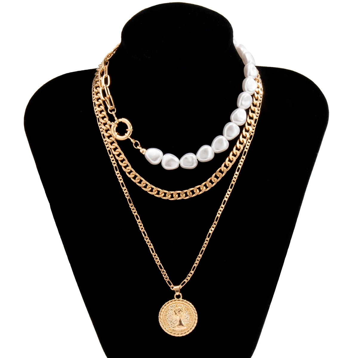 Goth Baroque Multi-Layer Coin Portrait Pendant Necklace – Vintage Imitation Pearl Link Chain Jewelry for Women