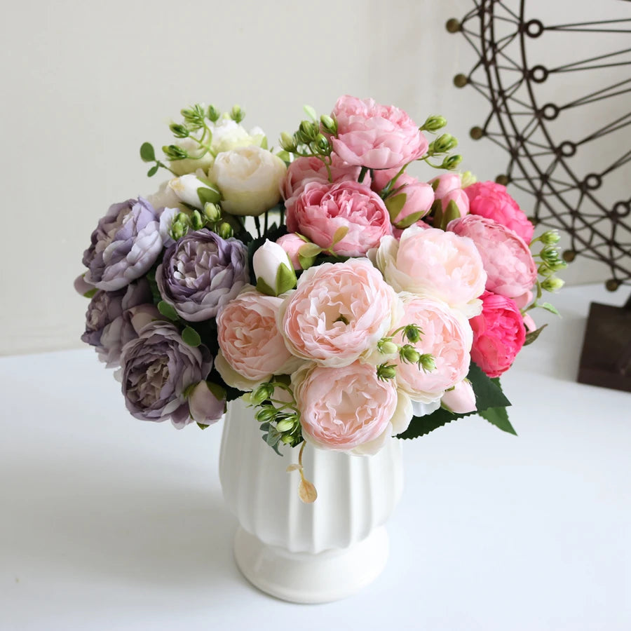 Artificial Peony Bouquet with Silk Roses – Decorative Faux Flowers for Home, Garden, and Wedding Decor