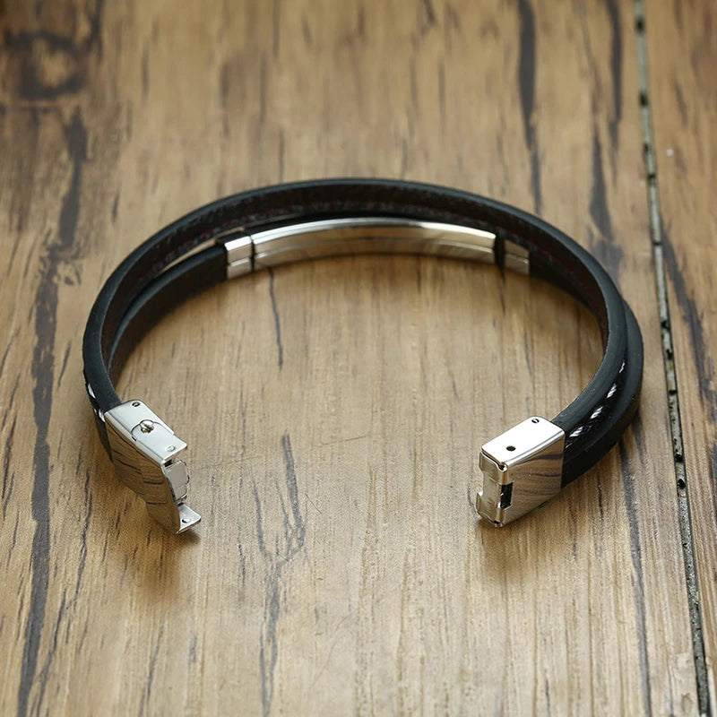 Vnox Unique Sew Lines Genuine Leather Bracelet for Men & Women – Stainless Steel Bar Double Layered Bangle, Casual Pulseira