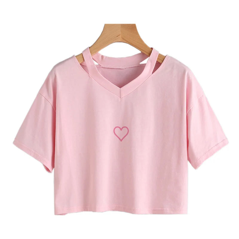 Women’s Love Heart Print Crop Top – Casual Summer V-Neck Aesthetic T-Shirt