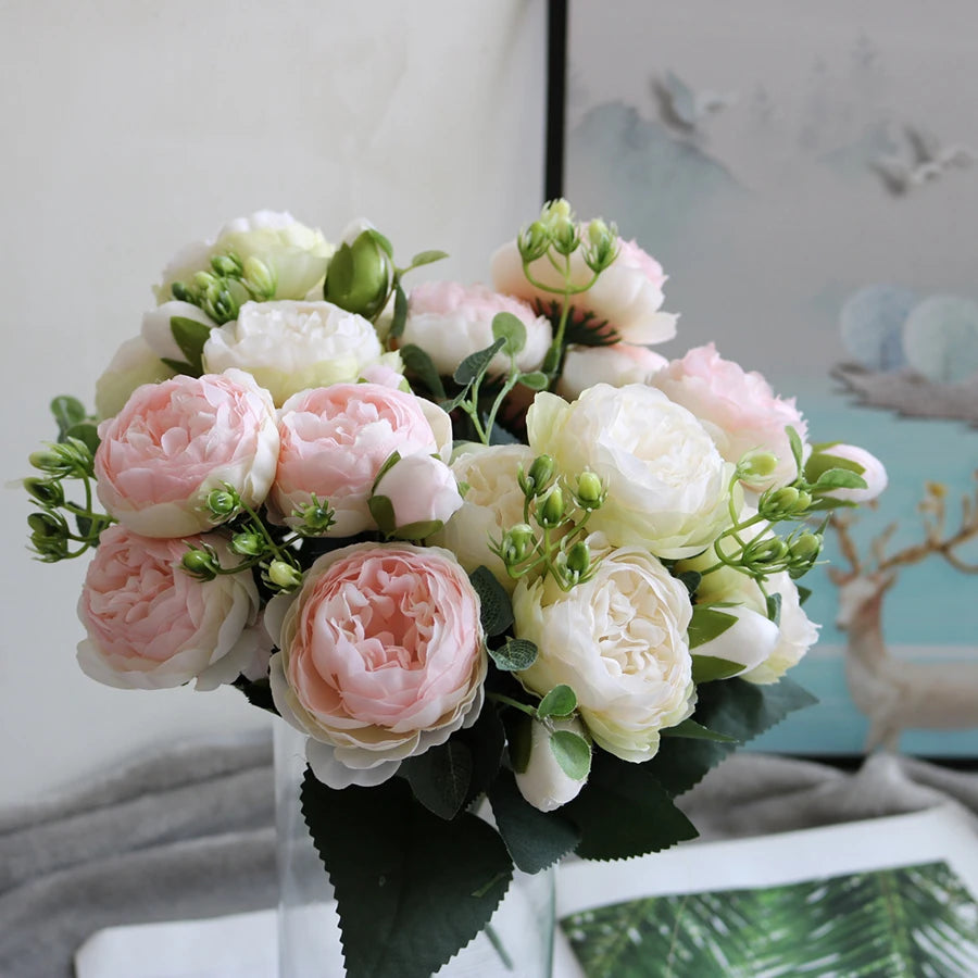 Artificial Peony Bouquet with Silk Roses – Decorative Faux Flowers for Home, Garden, and Wedding Decor