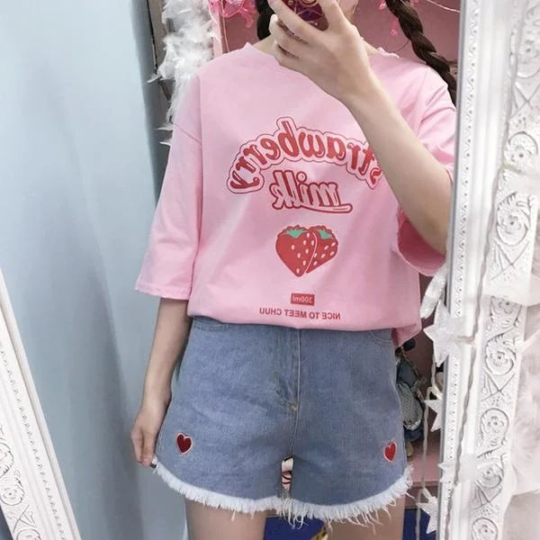 Strawberry Milk Pink Graphic T-Shirt – Kawaii Sweet Girl Summer Casual Top