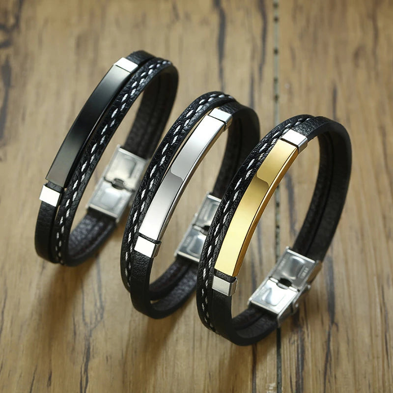 Vnox Unique Sew Lines Genuine Leather Bracelet for Men & Women – Stainless Steel Bar Double Layered Bangle, Casual Pulseira