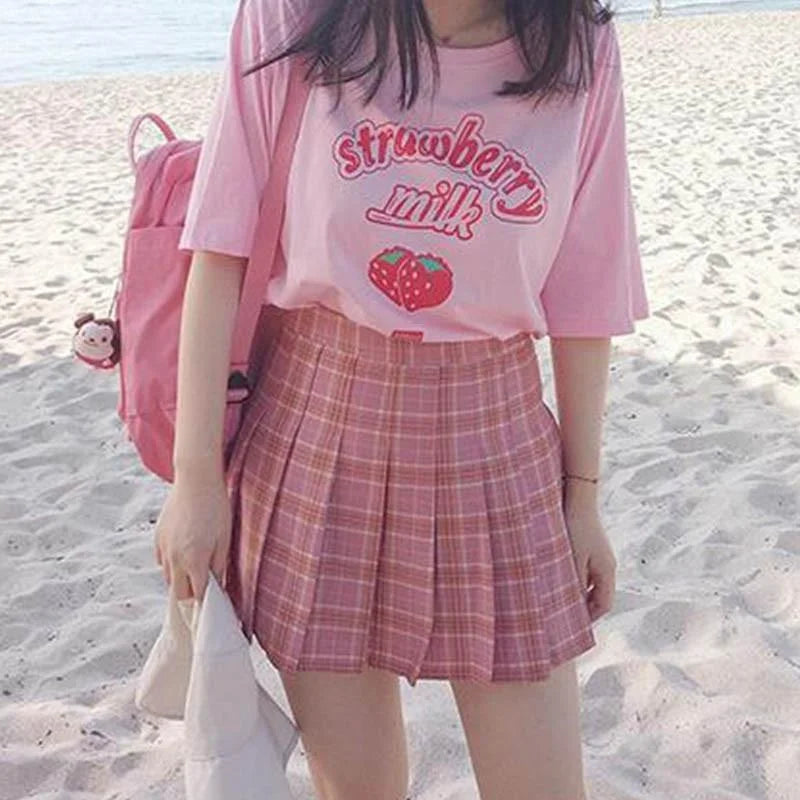 Strawberry Milk Pink Graphic T-Shirt – Kawaii Sweet Girl Summer Casual Top