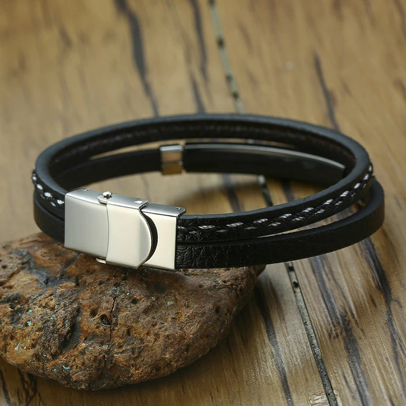 Vnox Unique Sew Lines Genuine Leather Bracelet for Men & Women – Stainless Steel Bar Double Layered Bangle, Casual Pulseira