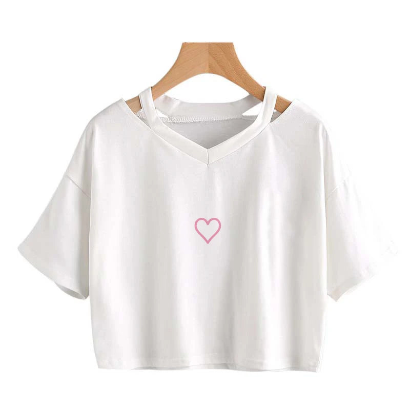 Women’s Love Heart Print Crop Top – Casual Summer V-Neck Aesthetic T-Shirt