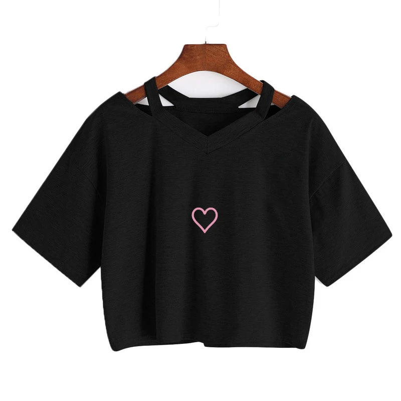 Women’s Love Heart Print Crop Top – Casual Summer V-Neck Aesthetic T-Shirt