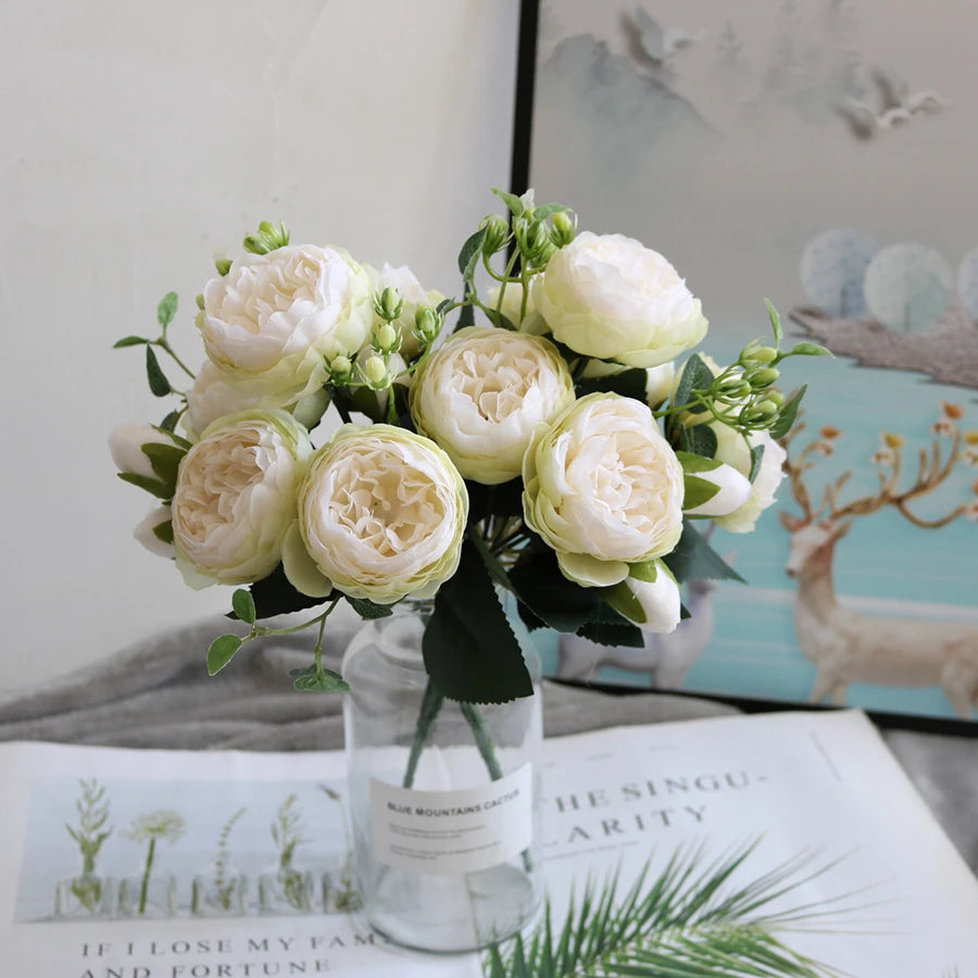 Artificial Peony Bouquet with Silk Roses – Decorative Faux Flowers for Home, Garden, and Wedding Decor