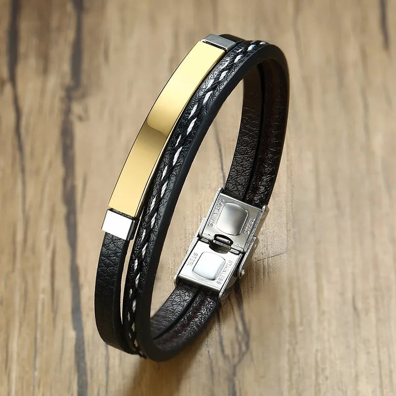Vnox Unique Sew Lines Genuine Leather Bracelet for Men & Women – Stainless Steel Bar Double Layered Bangle, Casual Pulseira