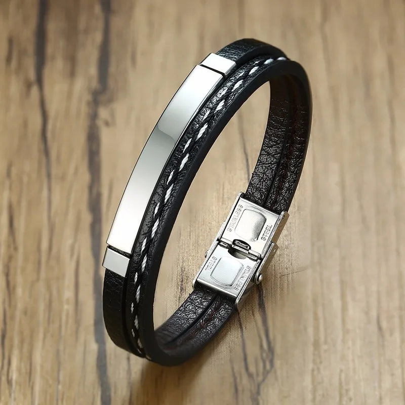 Vnox Unique Sew Lines Genuine Leather Bracelet for Men & Women – Stainless Steel Bar Double Layered Bangle, Casual Pulseira