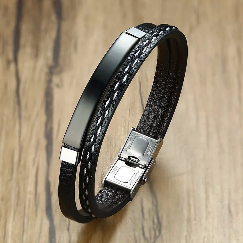 Vnox Unique Sew Lines Genuine Leather Bracelet for Men & Women – Stainless Steel Bar Double Layered Bangle, Casual Pulseira