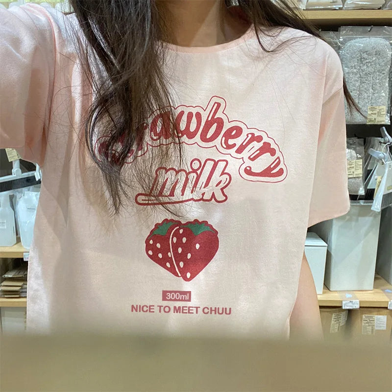 Strawberry Milk Pink Graphic T-Shirt – Kawaii Sweet Girl Summer Casual Top