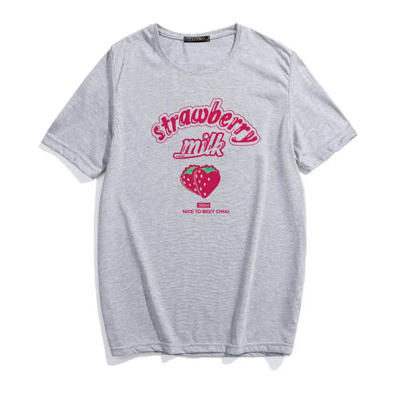 Strawberry Milk Pink Graphic T-Shirt – Kawaii Sweet Girl Summer Casual Top