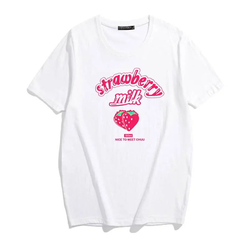 Strawberry Milk Pink Graphic T-Shirt – Kawaii Sweet Girl Summer Casual Top