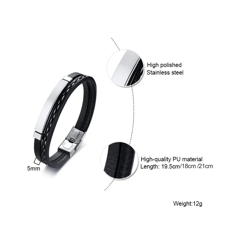 Vnox Unique Sew Lines Genuine Leather Bracelet for Men & Women – Stainless Steel Bar Double Layered Bangle, Casual Pulseira