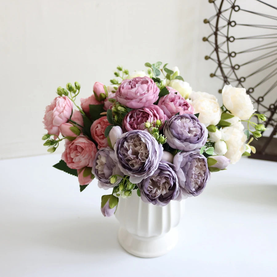 Artificial Peony Bouquet with Silk Roses – Decorative Faux Flowers for Home, Garden, and Wedding Decor