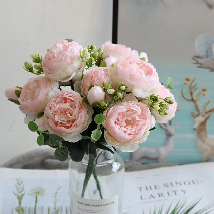 Artificial Peony Bouquet with Silk Roses – Decorative Faux Flowers for Home, Garden, and Wedding Decor