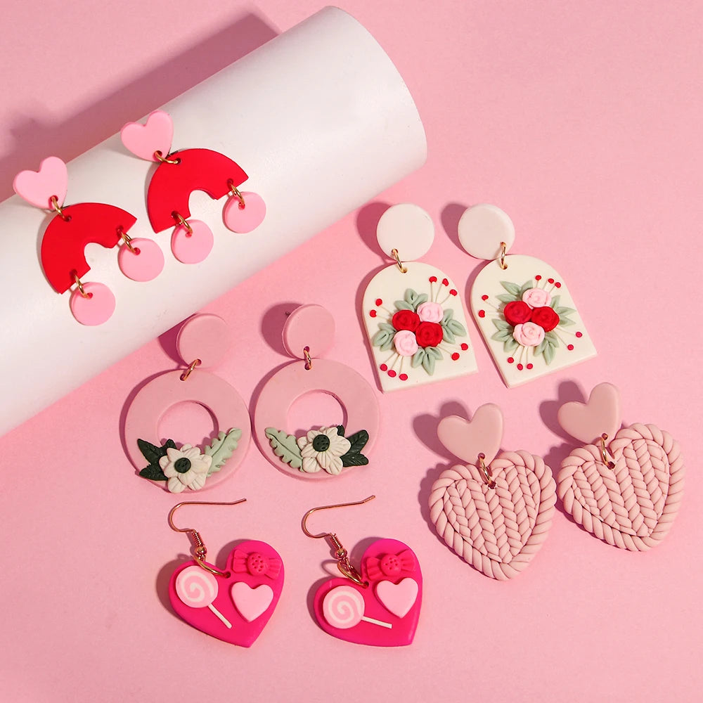 Polymer Clay Heart Earrings for Women – Handmade Valentine's Day Gift, Flower & Heart Drop Earrings