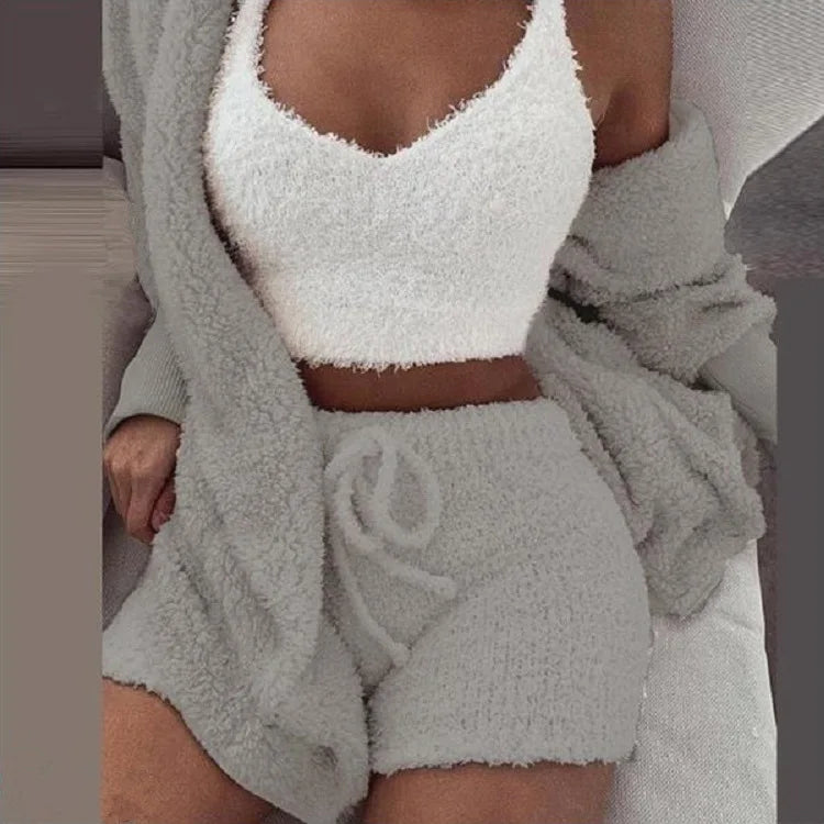 Fluffy Pajamas Set for Women – 3-Piece Winter Lounge Set with Tank Top, Shorts, and Hoodie