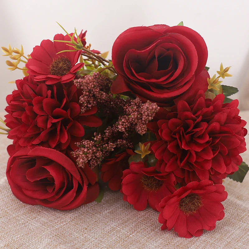 Artificial Autumn Roses & Silk Hydrangea Daisies – Home Table Bouquet for Weddings, Christmas, and Everyday Decor