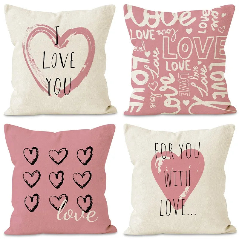 Valentine’s Day Pink Heart Print Pillowcase – Polyester Cushion Cover with Zipper for Home Decor