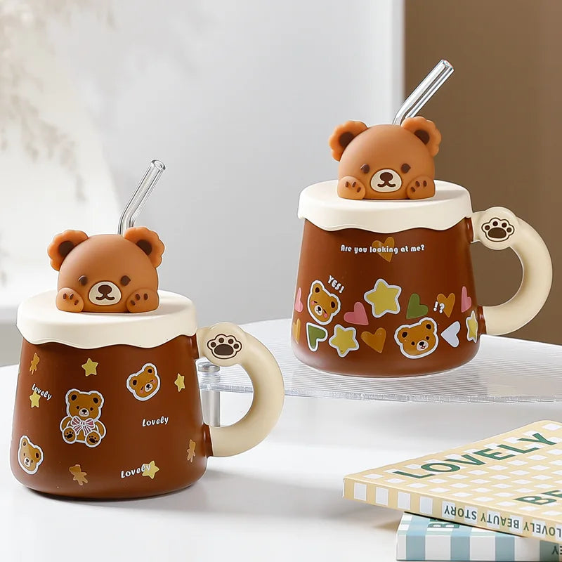 Adorable Bear Ceramic Mug with Lid and Straw – Large Capacity Coffee and Milk Cup for Home and Office