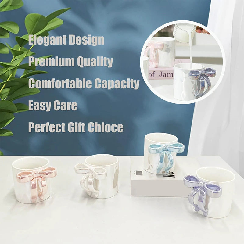 Kawaii Pearl Glazed Ceramic Mug with Bow Handle, 350ml Coffee Milk Tea Cup, Valentine's Day Gift, Gift Box Packaging