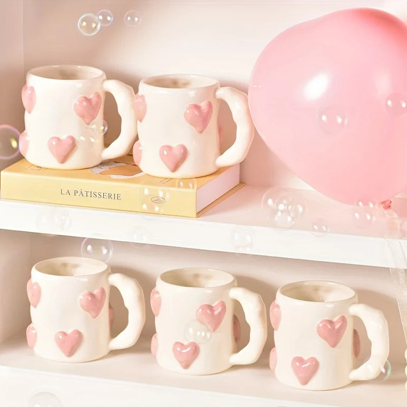 Hand-Painted Ceramic Mug with Pink Hearts – Cute Underglaze Coffee & Milk Cup, Perfect Valentine's Day Gift for Her