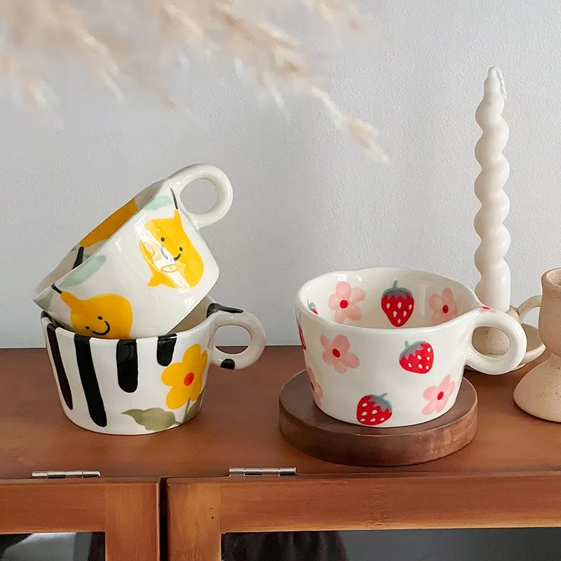 Cute Hand-Painted Ceramic Mugs – Strawberry, Flower, and Fruit Designs – 300ml Espresso & Coffee Cups for Kids and Girls