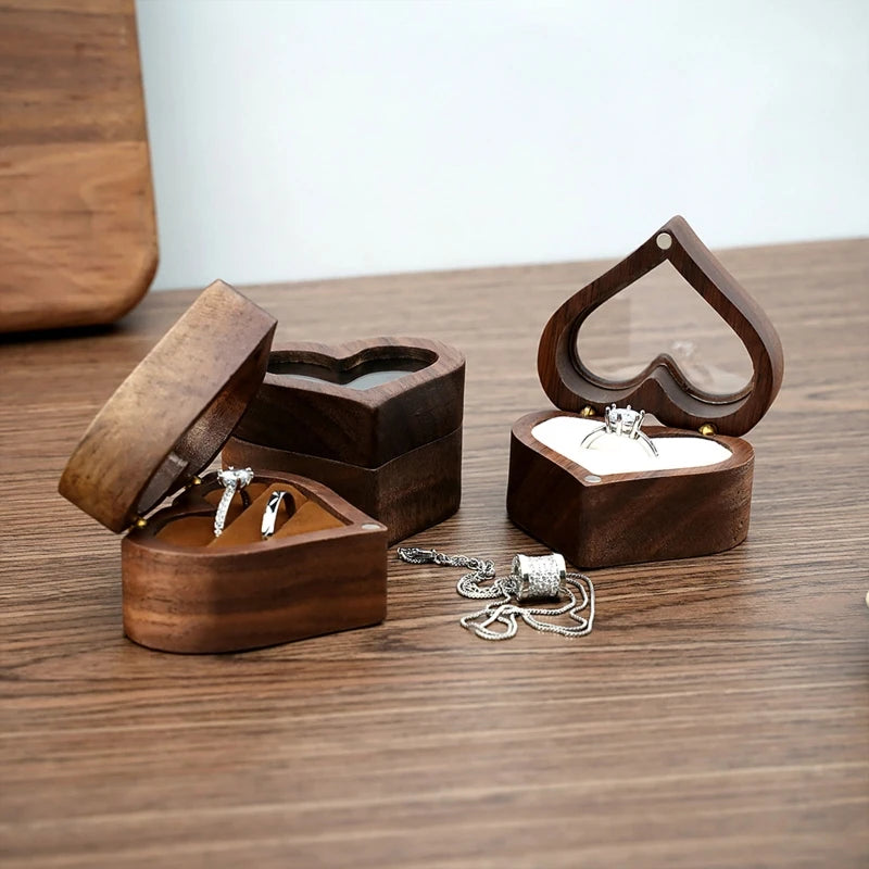 Heart-Shaped Transparent Walnut Ring Box