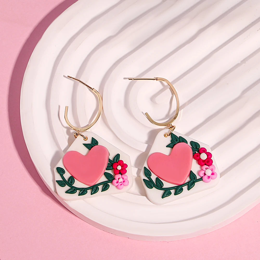 Polymer Clay Heart Earrings for Women – Handmade Valentine's Day Gift, Flower & Heart Drop Earrings