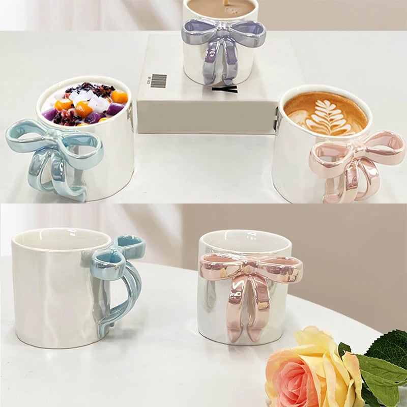 Kawaii Pearl Glazed Ceramic Mug with Bow Handle, 350ml Coffee Milk Tea Cup, Valentine's Day Gift, Gift Box Packaging