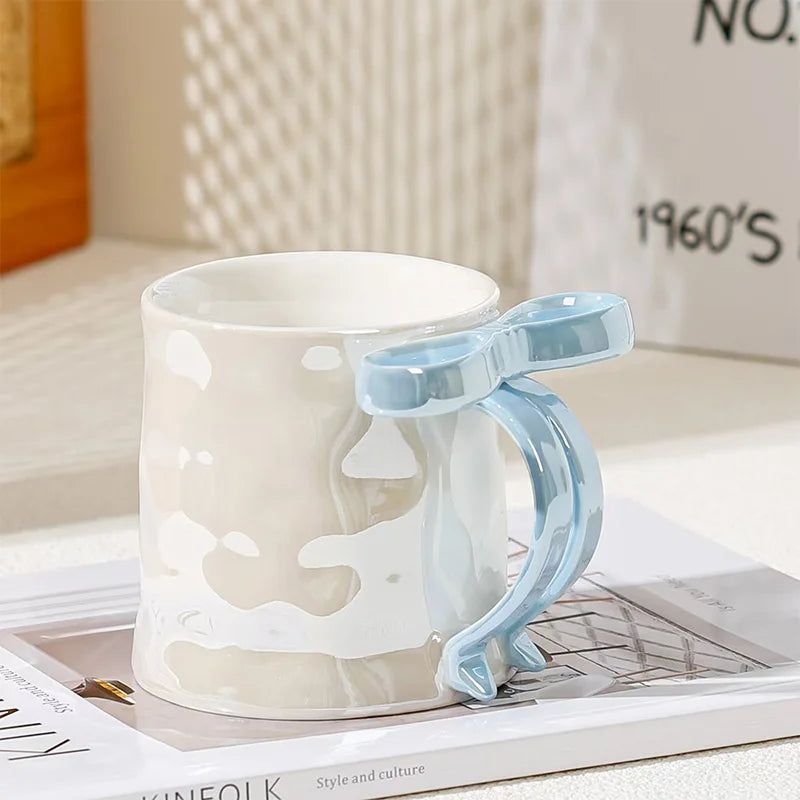 Kawaii Pearl Glazed Ceramic Mug with Bow Handle, 350ml Coffee Milk Tea Cup, Valentine's Day Gift, Gift Box Packaging