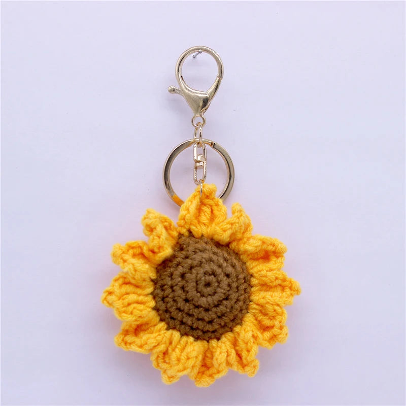 Handmade Knitted Sunflower Keychain – Cute Crocheted Flower Pendant for Women and Girls