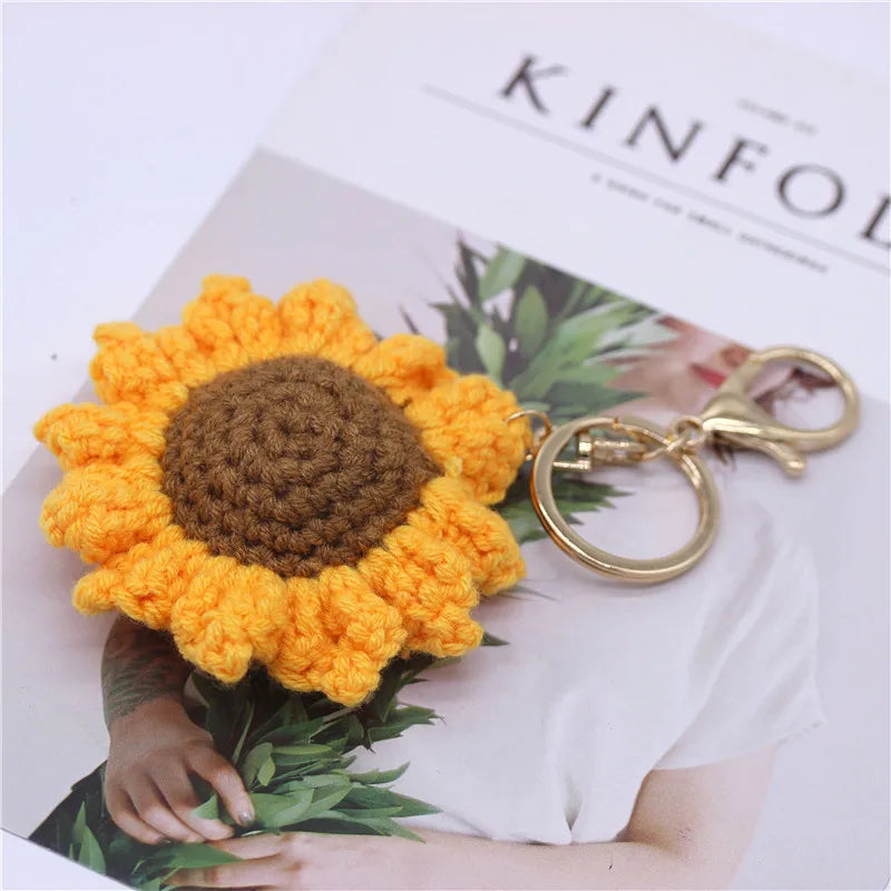 Handmade Knitted Sunflower Keychain – Cute Crocheted Flower Pendant for Women and Girls